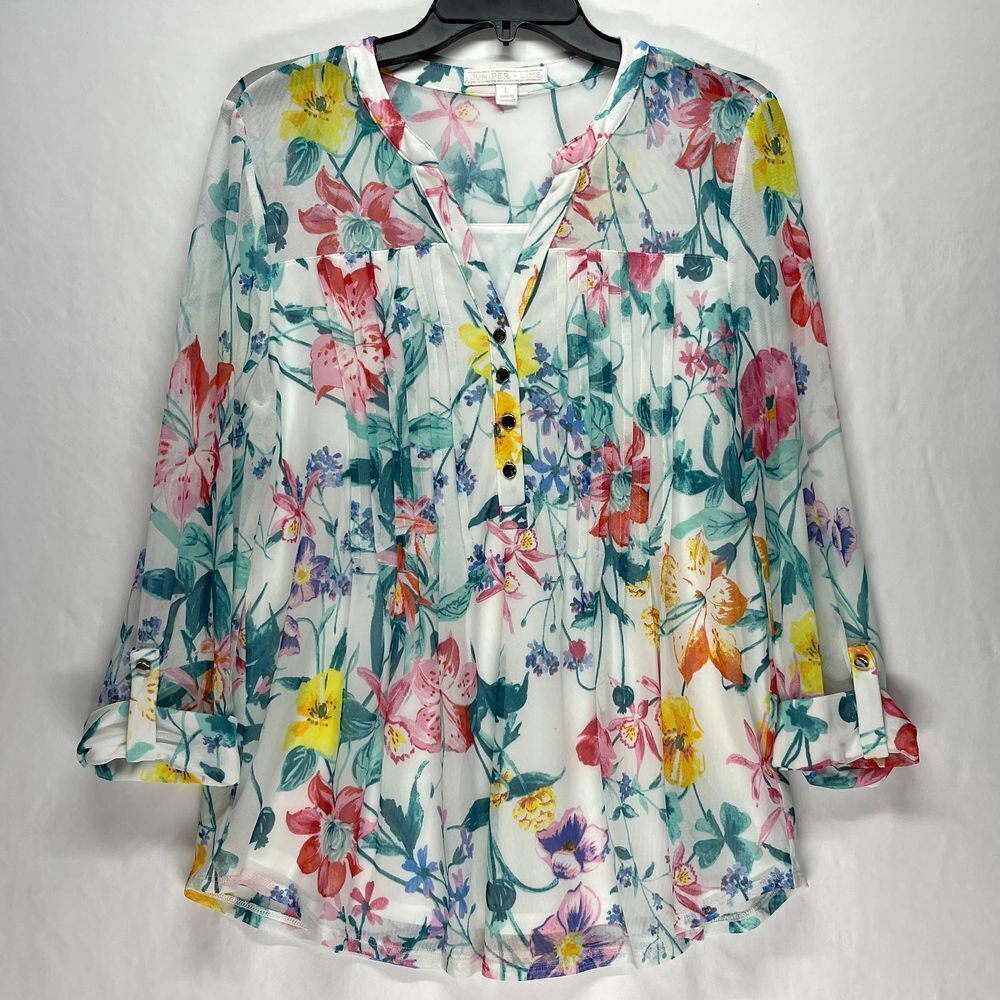 Juniper Lime Sheer Watercolor Floral Print Blouse Spring Garden Women's‎ Large